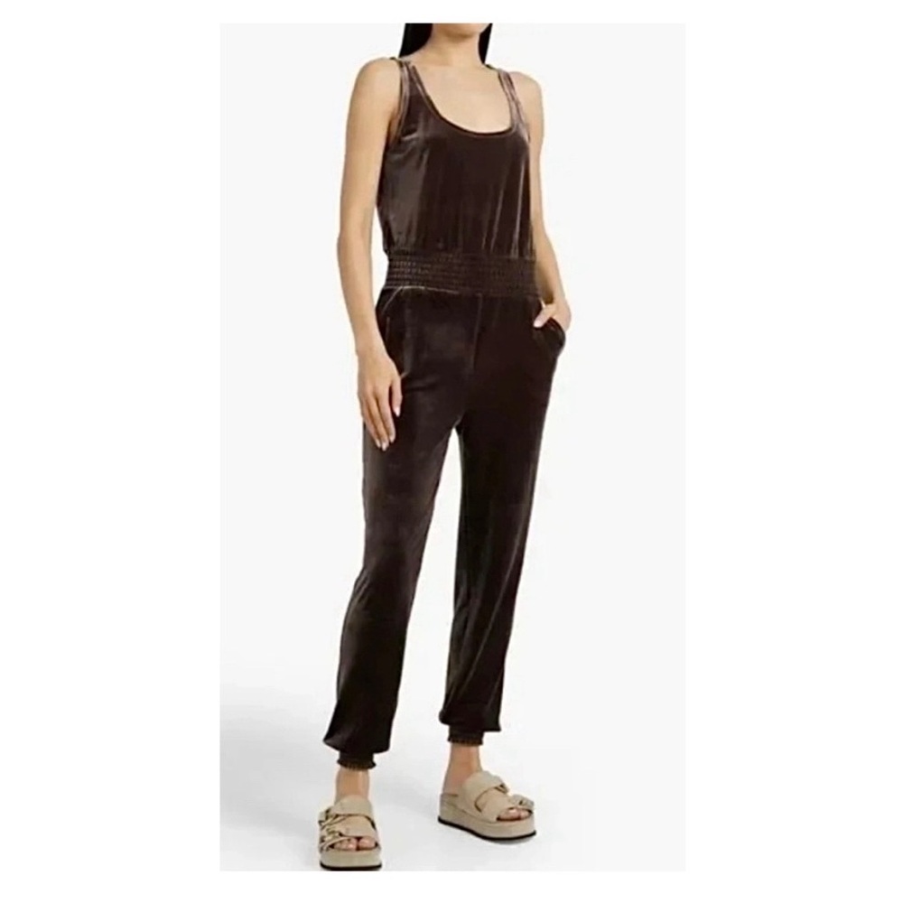 Commando Brown Sleeveless smocked Velvet Jumpsuit